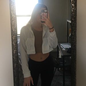 White Cropped Zip Up Hoodie